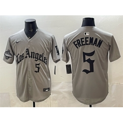 Men Los Angeles Dodgers 5 Freddie Freeman Grey LA Gothic Style With 2025 World Series Champions Patch Limited Stitched Baseball Jersey