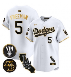 Men Los Angeles Dodgers 5 Freddie Freeman White Gold 2025 Vin  26 Kobe Patch Vapor Limited V2 Stitched Baseball Jersey