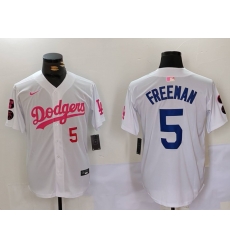 Men Los Angeles Dodgers 5 Freddie Freeman White Pink Vin  26 Kobe Patch Stitched Baseball Jersey 3