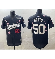 Men Los Angeles Dodgers 50 Mookie Betts Black 2025 World Series Patch Tokyo Series Limited Stitched Baseball Jersey