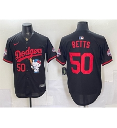 Men Los Angeles Dodgers  50 Mookie Betts Black Hello Kitty Night 2025 World Series Champions Patch Stitched Baseball Jersey