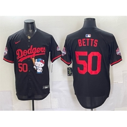 Men Los Angeles Dodgers  50 Mookie Betts Black Hello Kitty Night 2025 World Series Champions Patch Stitched Baseball Jersey