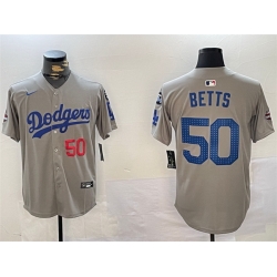 Men Los Angeles Dodgers 50 Mookie Betts Grey 2024 World Series Champions With Fernando Memorial Patch Limited Stitched Baseball Jersey