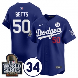 Men Los Angeles Dodgers 50 Mookie Betts Royal 2024 World Series With No  34 Patch Limited Stitched Baseball Jersey