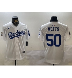 Men Los Angeles Dodgers 50 Mookie Betts White 2024 World Series With Fernando Memorial Patch Home Limited Stitched Baseball Jersey 1