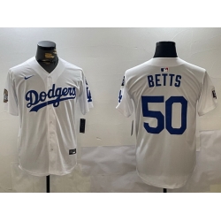 Men Los Angeles Dodgers 50 Mookie Betts White 2024 World Series With Fernando Memorial Patch Home Limited Stitched Baseball Jersey 1