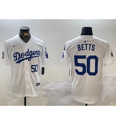 Men Los Angeles Dodgers 50 Mookie Betts White 2024 World Series With Fernando Memorial Patch Home Limited Stitched Baseball Jersey 2