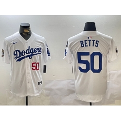 Men Los Angeles Dodgers 50 Mookie Betts White 2024 World Series With Fernando Memorial Patch Home Limited Stitched Baseball Jersey 3