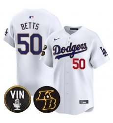 Men Los Angeles Dodgers  50 Mookie Betts White 2026 Vin   Kobe Patch Gold Trim Vapor Premier Limited Stitched Baseball Jersey