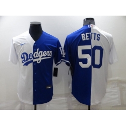 Men Los Angeles Dodgers 50 Mookie Betts White Blue Split Cool Base Stitched Baseball Jersey