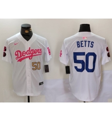 Men Los Angeles Dodgers 50 Mookie Betts White Pink Vin  26 Kobe Patch Stitched Baseball Jersey 2