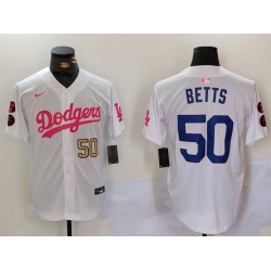 Men Los Angeles Dodgers 50 Mookie Betts White Pink Vin  26 Kobe Patch Stitched Baseball Jersey 2