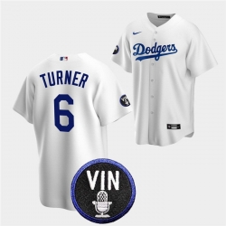 Men Los Angeles Dodgers 6 Trea Turner 2022 White Vin Scully Patch Cool Base Stitched Baseball Jersey