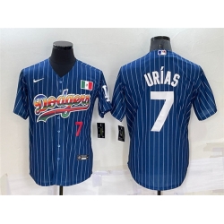 Men Los Angeles Dodgers 7 Julio Urias Navy Mexico Rainbow Cool Base Stitched Baseball Jersey