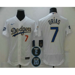 Men Los Angeles Dodgers 7 Julio Urias White Gold 2 20 Patch Stitched MLB Flex Base Nike Jersey