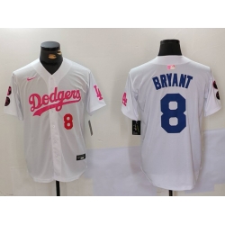 Men Los Angeles Dodgers 8 Kobe Bryant White Pink Vin  26 Kobe Patch Stitched Baseball Jersey 6