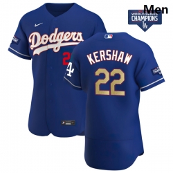 Men Los Angeles Dodgers Clayton Kershaw 22 Gold Program Designed Edition Blue Flex Base Stitched Jersey