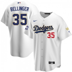 Men Los Angeles Dodgers Cody Bellinger 35 Championship Gold Trim White Limited All Stitched Flex Base Jersey