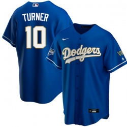 Men Los Angeles Dodgers Justin Turner 10 Championship Gold Trim Blue Limited All Stitched Cool Base Jersey