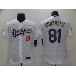 Men Los Angeles Dodgers Luis Gonzalez 81 Championship Gold Trim  VII White Limited All Stitched Flex Base Jersey