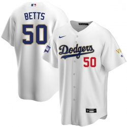 Men Los Angeles Dodgers Mookie Betts 50 Championship Gold Trim White Limited All Stitched Flex Base Jersey