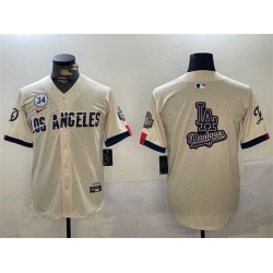 Men Los Angeles Dodgers Team Big Logo Cream 2024 World Series With No  34 Patch Limited Stitched Baseball Jersey 1