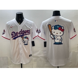 Men Los Angeles Dodgers Team Big Logo White Hello Kitty Night 2025 World Series Champions Patch Stitched Baseball Jersey
