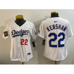 Women Los Angeles Dodgers 22 Clayton Kershaw White 2025 World Series Champions Patch Limited Stitched Baseball Jersey