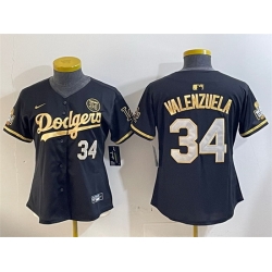 Women Los Angeles Dodgers 34 Toro Valenzuela Black Gold 2024 World Series With Fernando Memorial Patch Limited Stitched Baseball Jersey 