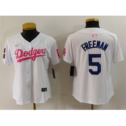 Women Los Angeles Dodgers 5 Freddie Freeman White Pink Vin  26 Kobe Patch Stitched Baseball Jersey