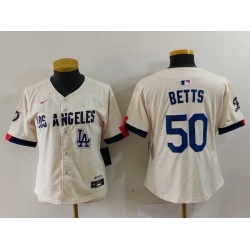 Women Los Angeles Dodgers 50 Mookie Betts Cream Stitched Jersey 4