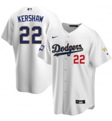 Women Los Angeles Dodgers Clayton Kershaw 22 Championship Gold Trim White Limited All Stitched Flex Base Jersey