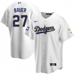 Women Los Angeles Dodgers Trevor Bauer 27 Championship Gold Trim White Limited All Stitched Cool Base Jersey