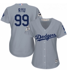 Womens Majestic Los Angeles Dodgers 99 Hyun Jin Ryu Authentic Grey Road 2017 World Series Bound Cool Base MLB Jersey