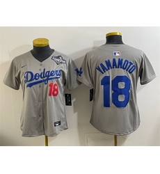 Youth Los Angeles Dodgers 18  Yoshinobu Yamamoto Grey 2025 World Series Patch Limited Stitched Baseball Jersey