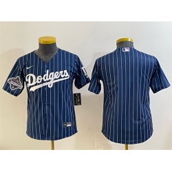 Youth Los Angeles Dodgers Blank Navy Pinstripe 2025 World Series Champions Patch Cool Base Stitched Baseball Jersey