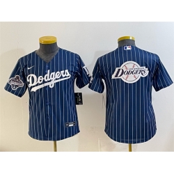 Youth Los Angeles Dodgers Team Big Logo Navy Pinstripe 2025 World Series Champions Patch Cool Base Stitched Baseball Jersey