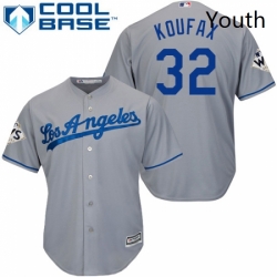 Youth Majestic Los Angeles Dodgers 32 Sandy Koufax Replica Grey Road 2017 World Series Bound Cool Base MLB Jersey