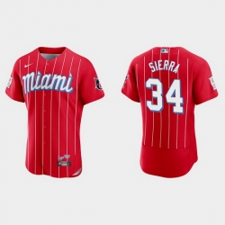 Miami Marlins 34 Magneuris Sierra Men Nike 2021 City Connect Authentic MLB Jersey Red