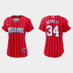 Miami Marlins 34 A J  Burnett Women Nike 2021 City Connect Authentic MLB Jersey Red