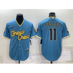 Men Milwaukee Brewers 11 Rowdy Tellez 2022 Powder Blue City Connect Cool Base Stitched Jersey