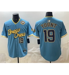 Men Milwaukee Brewers 19 Robin Yount Powder Blue City Connect With Home Bob Uecker Patch Limited Stitched Baseball Jersey Men Milwaukee Brewers 19 Robin Yount Powder Blue City Connect With Home Bob Uecker Patch Limited Stitched Baseball Jersey