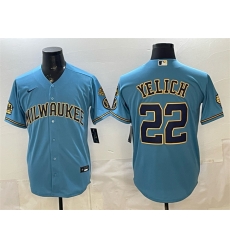 Men Milwaukee Brewers 22 Christian Yelich Blue With Home Bob Uecker Patch Stitched Baseball Jersey Men Milwaukee Brewers 22 Christian Yelich Blue With Home Bob Uecker Patch Stitched Baseball Jersey
