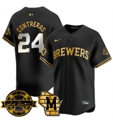 Men Milwaukee Brewers  24 William Contreras Black Gold With Home   Bob Uecker Patch Limited Stitched Baseball Jersey