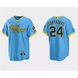 Men Milwaukee Brewers 24 William Contreras Powder Blue 2022 City Connect Cool Base Stitched Jersey