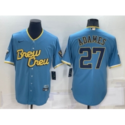 Men Milwaukee Brewers 27 Willy Adames 2022 Powder Blue City Connect Cool Base Stitched Jersey