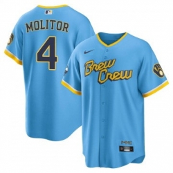 Men Milwaukee Brewers 4 Paul Molitor 2022 Powder Blue City Connect Cool Base Stitched Jersey