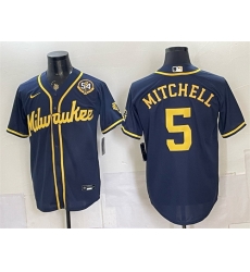 Men Milwaukee Brewers  5 Garrett Mitchell Navy With Home   Bob Uecker Patch Limited Stitched Baseball Jersey