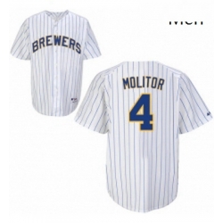 Mens Majestic Milwaukee Brewers 4 Paul Molitor Replica White blue strip MLB Jersey
