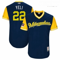 Mens Milwaukee Brewers 22 Christian Yelich Navy Yeli Players Weekend Authentic Stitched MLB Jersey 